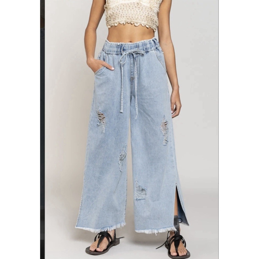 POL Jean Drawstring Pants Women's Large Blue Relaxed Y2K Wide Leg Distressed